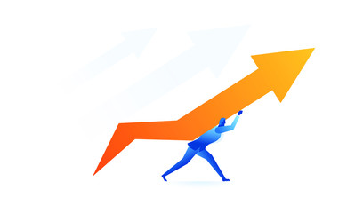 someone raised the arrow up concept illustration about hard work sales to raise profit, increase revenue and achieve desired targets
