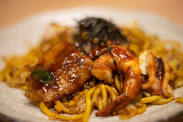 Yakisoba Japanese food of fried noodles with vegetables and shrimp