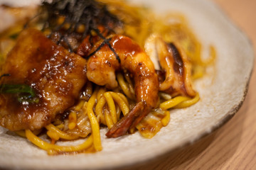 Yakisoba Japanese food of fried noodles with vegetables and shrimp