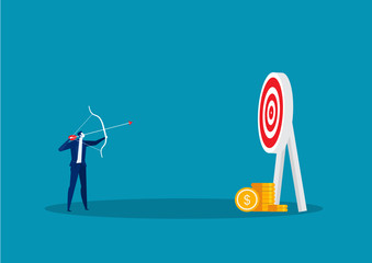  Businessman hitting target with bow and arrow to target concept vector.