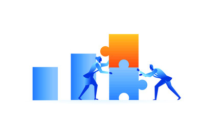 man and woman trying to arrange the puzzle concept illustration teamwork to try increase revenue and try to achieve the target