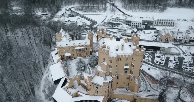 Hohenschwangau Castle in winter Aerial view landscape. Germany, Bavaria. Schwangau. Snowing. 4k video 24 fps. 19 marth, 2019. part8