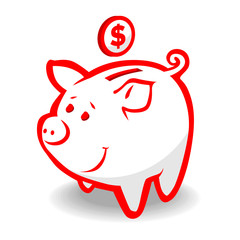 Funny red piggy bank and dollar. Save money concept flat design. Money management business. Illustration, Vector