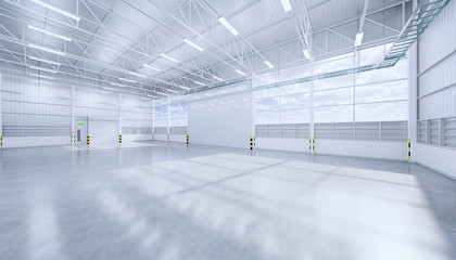 3d rendering hangar building and concrete floor and shutter door for industrial background.