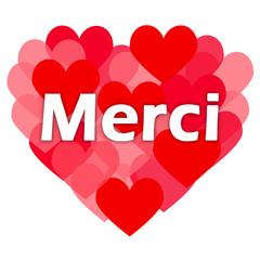 Merci. Nuage de cœurs roses et rouges. Carte de remerciement en français.	