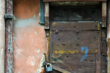 Closed Old vintage wood Door with door lock 