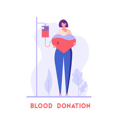 Volunteer woman standing with heart and donating blood. Blood donor. Concept of donation, world blood donor day, blood bank, health care. Vector illustration in flat design for book, banner, card