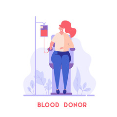 Volunteer woman sitting in medical chair and donating blood. Blood donor. Concept of donation, world blood donor day, blood bank. Vector illustration in flat design for background, banner, card
