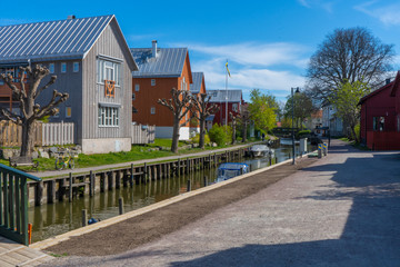 A small town Trosa. View with canal. Swedish countryside.