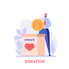 Businessman standing with coin and donating money. Crowdfunding. Concept of donation, volunteering, donation box, charity. Vector illustration in flat design for book, banner, card