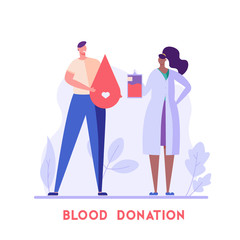 Volunteer man standing and donating blood to doctor. Blood donor. Concept of donation, world blood donor day, blood bank. Vector illustration in flat design for background, banner, card