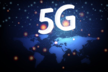concept of future technology communication network 5G on the background of the globe. 5G standard of modern signal transmission technology.Wireless systems Business concept