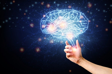 Human hands holding brain. Brain network connection on blue technology background.Artificial Intelligence concept, Technology, concept.