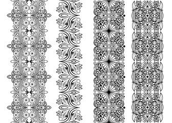 seamless pattern with floral elements, black trim pattern set, stylized lace symmetric ornament