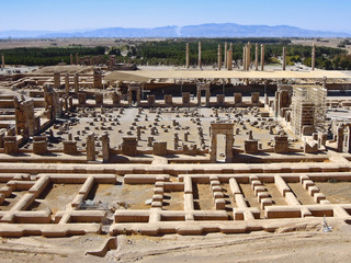 Panoramic view on the ruins of Persepolis, ex capitol of Ancient Persia, its palaces, buildings and...