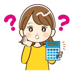 女性、電卓、疑問