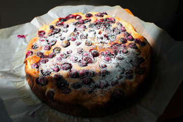 Freshly baked round cake with berries sprinkled with powdered sugar on baking paper lit by the sun. Tasty homemade pastry. Close up