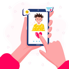Online dating applications. Woman hold phone in hand. Screen with man profile. Female call her boyfriend. Concept of long distance, virtual relationship. Distant romantic acquaintance.