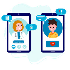 Virtual call patient with family doctor from home in quarantine. Young Man talking by cellphone with therapist online. Male has distant appointment with physician. Video conference for diagnose.