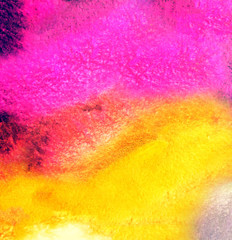 Abstraction of fuchsia and yellow. Raspberry texture and background. The stain is painted with colored crayons or wax crayons. Children's bright drawing.