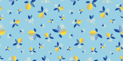 Vector floral modern mediterranean summer lemon repeating pattern. Hand drawn bright textured citrus fruit pattern with leaf and bud on blue background. Classy simple summer backdrop.