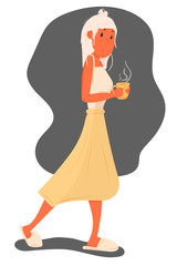 Cute young girl  in slippers at home, having coffee or hot tea. Life cozy scene. Cartoon flat vector stock illustration isolated on white background.