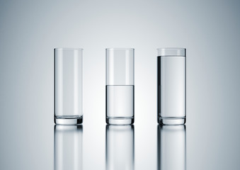 Wassergläser leer, halbleer, halbvoll, voll.