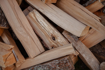 Trees in the sawmill are stacked in bags for sell. Stacks of firewood. Preparation of firewood for the winter. A heap of woodpile. Chopped wood. Firewood.Pile of wood logs ready for winter
