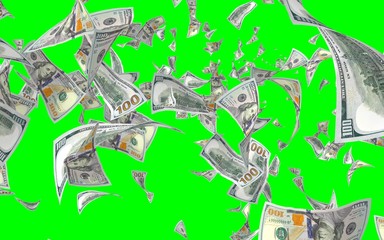 Flying dollars banknotes isolated on chromakey. Money is flying in the air. 100 US banknotes new sample. 3D illustration
