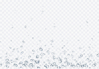 Bubbles underwater texture isolated on transparent background. Vector fizzy air, gas or oxygen under water. Realistic champagne drink, soda effect template