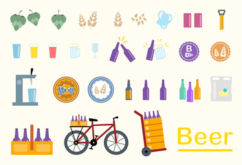 Set of flat icons about beer world, making, sell, delivery