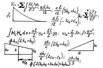Physical notation with the equations, figures, schemes, plots and other calculations on whiteboard. Handwritten vector illustration. Scientific and educational background.