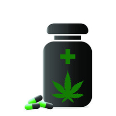 Black marijuana pills bottle on a white background. Health and medical concept icon logo for CBD products. 