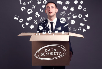 Business, technology, internet and network concept. A young businessman collects information to...