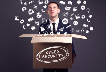 Business, technology, internet and network concept. A young businessman collects information to...