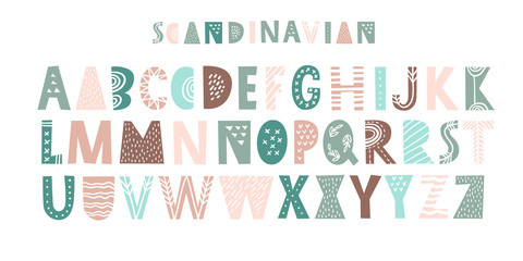 Latin alphabet in cartoon style. Characters in nordic scandinavian style. Cute colorful vector English alphabet, funny hand drawn typeface, ABC uppercase. Good for cards, posters, nursery designs