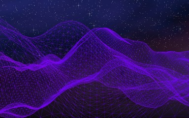 Naklejka premium Abstract ultraviolet landscape on a dark background. Purple cyberspace grid. hi tech network. Outer space. Violet starry outer space texture. 3D illustration