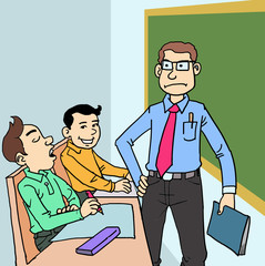 The funny cartoon, teacher and  a sleeping kid in the class
