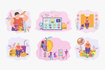 Set of 6 illustrations. The concept of a healthy diet and refusal of fast food. Logo. Gourmet blogs, the personal blog of a professional chef. Colorful vector illustration.