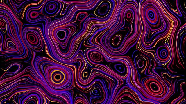 Psychedelic circular patterns on black background. Animation. Colorful neon lines draw circular patterns in retro style. Beautiful colored lines create curved and circular patterns