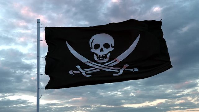 Realistic Pirate flag waving in the wind against deep Dramatic Sky. 4K UHD 60 FPS Slow-Motion