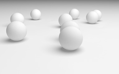 White abstract background. Set of white balls isolated on white backdrop. 3D illustration