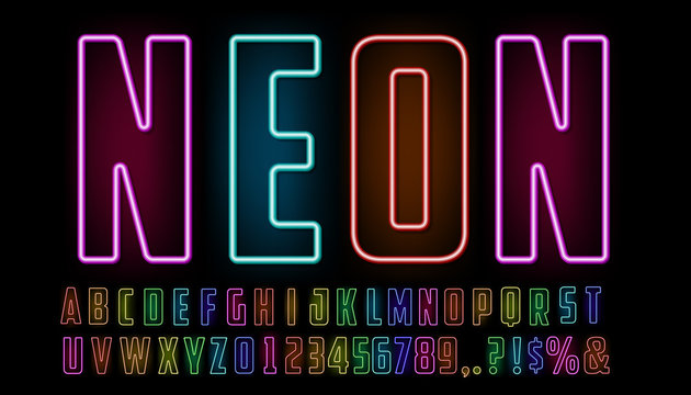 Neon style font design, alphabet letters and numbers, AI CS6.