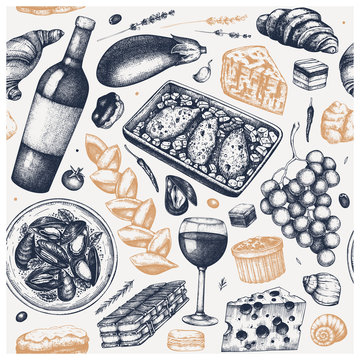 Traditional french food seamless pattern. With hand-drawn wine, meat dishes, desserts, and snacks sketches. Food and drinks from France backdrop.