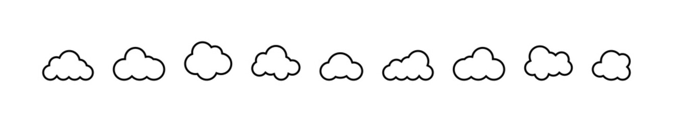 Clouds collection different shapes. Clouds in flat line design. Cloud icon. Backup icon. Storage symbol. Vector illustration