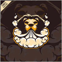 Lion head vapor e-cigarette, vape, vaporizer cigarette, electronic smoke, Design element for company logo, label, emblem, apparel or other merchandise. Scalable and editable Vector.