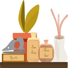 set of spices and herbs on a shelf with a skull and potions, magic shelf with spells books and plants