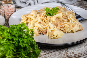 Pasta with sauerkraut and bacon.