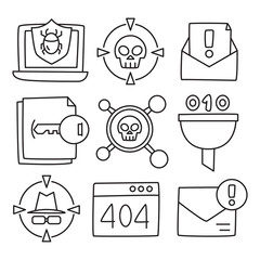 network security and virus scan  icons set hand drawn doodle theme