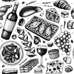 Nahtloses Muster des traditionellen französischen Essens. Mit handgezeichneten Wein-, Fleischgerichten, Desserts und Snackskizzen. Speisen und Getränke aus französischer Kulisse.